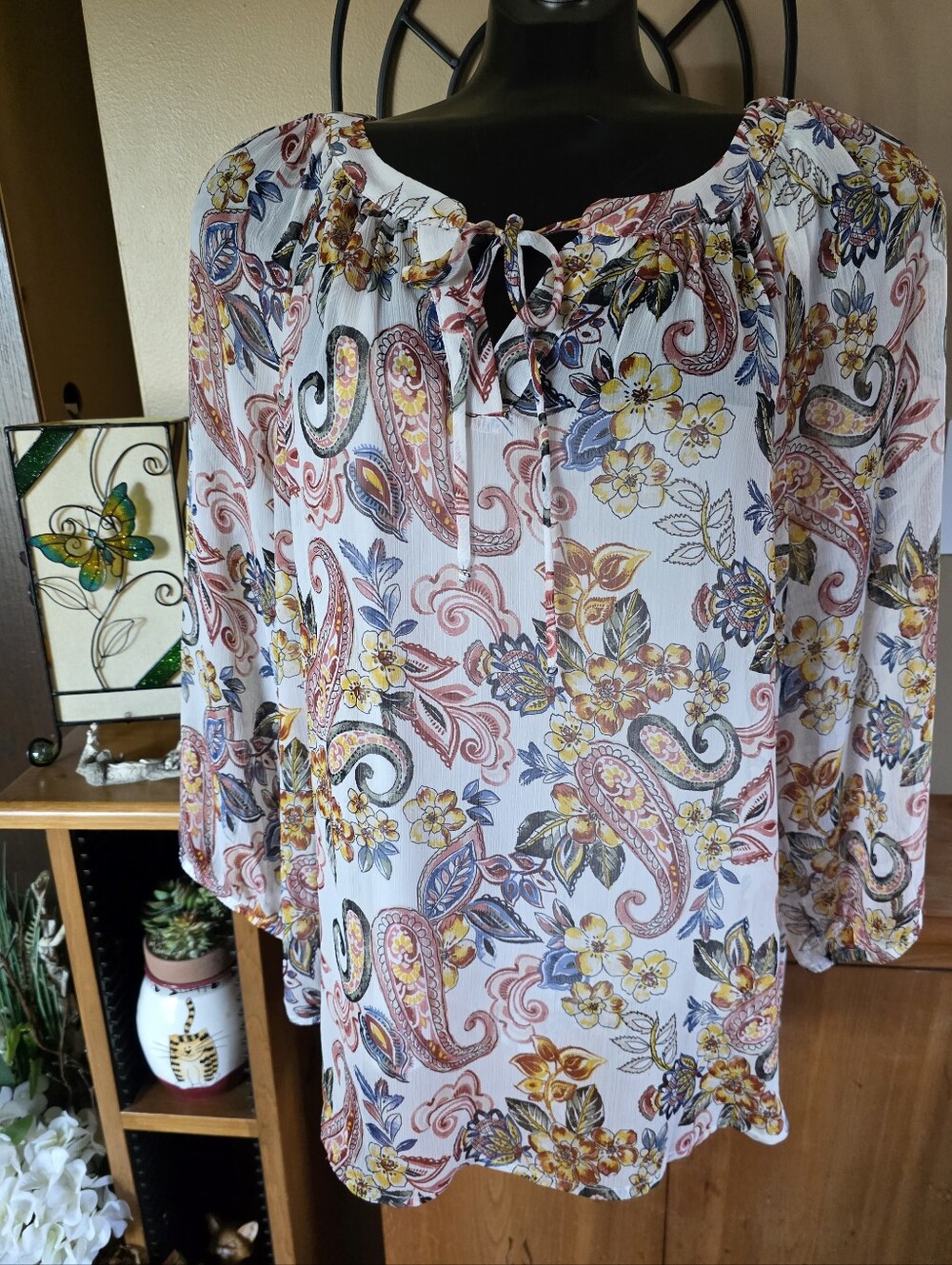 ALYX Women’s Floral Paisley Lined Chiffon Peasant Blouse White Size L